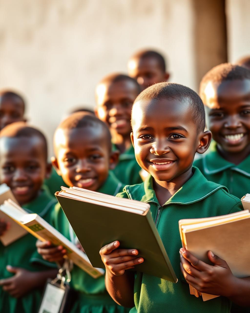 Smiling Nigerian schoolchildren holding books